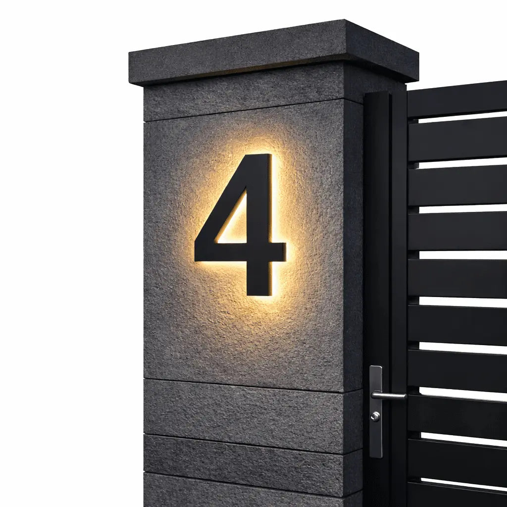 Chiffre 4 noir à contour lumineux chaud, installé sur un pilier en pierre sombre près d'un portail à lames, fond blanc. 8