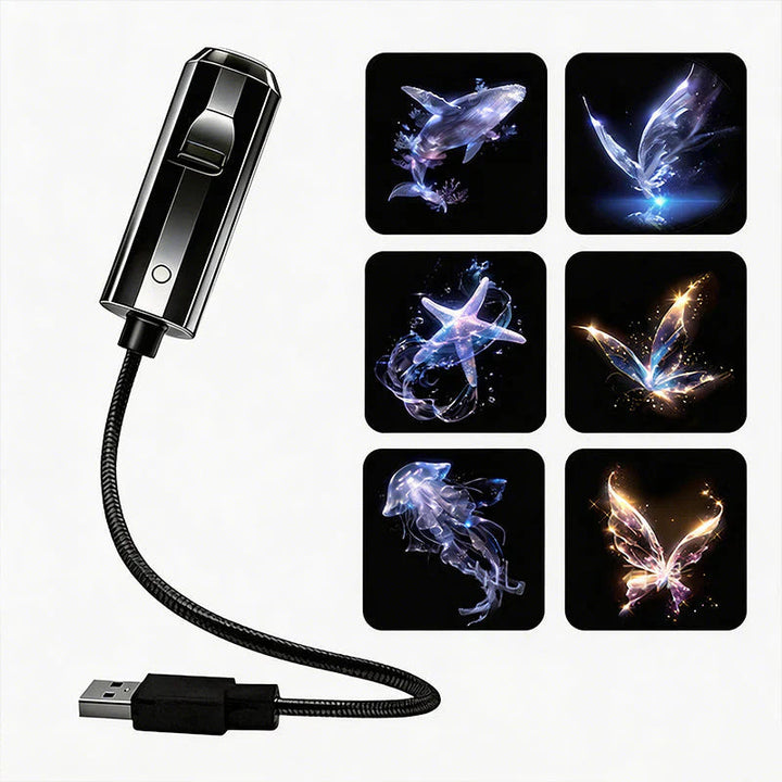 Projecteur noir brillant avec câble USB flexible et six motifs lumineux : baleine, étoile de mer, méduse, papillons 7