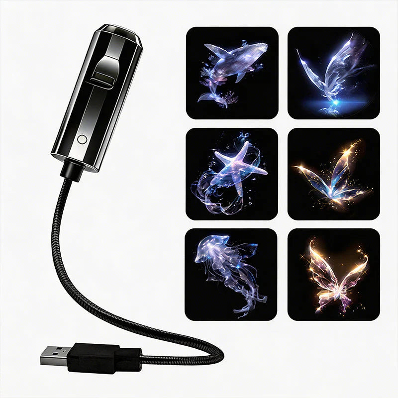 Projecteur noir brillant à câble USB tressé, entouré de six motifs : baleine, papillons, étoile de mer, méduse 7