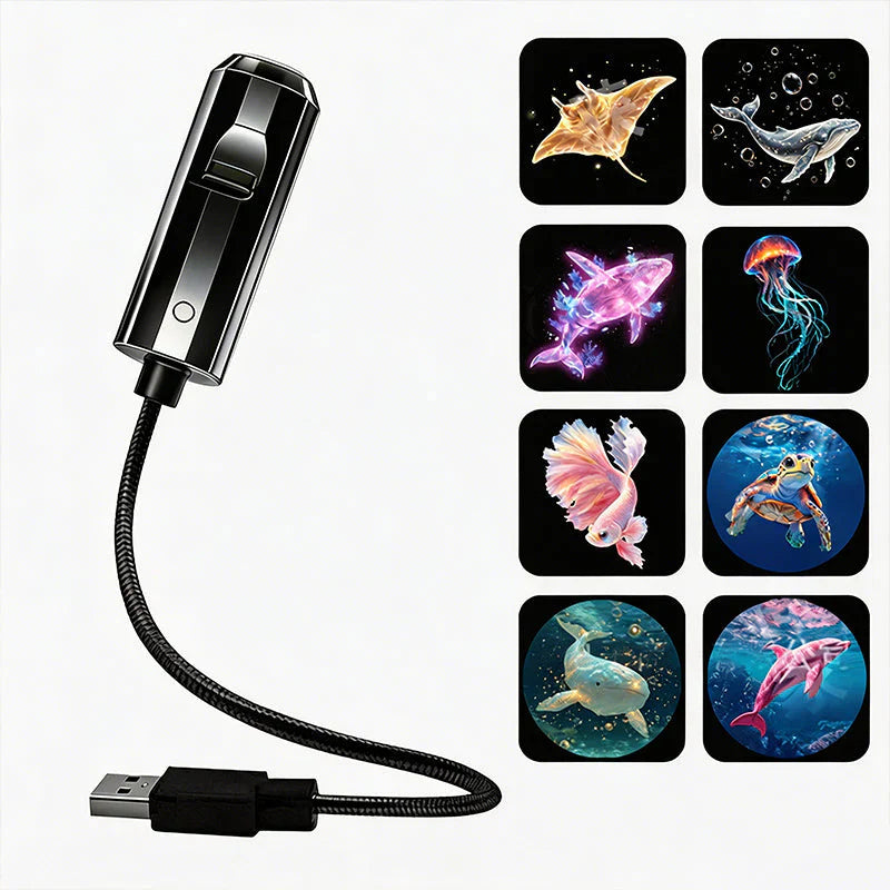 Projecteur noir à câble USB tressé avec huit disques marins : raie, baleine, méduse, poisson, tortue, dauphin 8