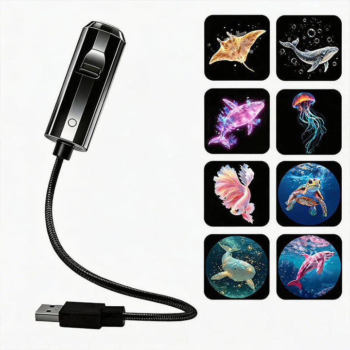 Projecteur noir à câble USB tressé avec huit disques marins : raie, baleine, méduse, poisson, tortue, dauphin 8