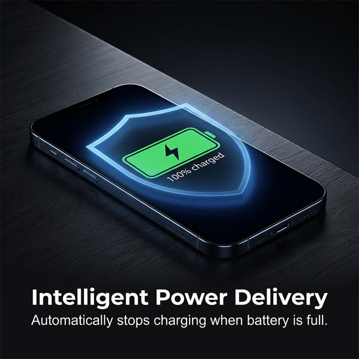 Téléphone posé sur un plateau sombre avec un bouclier bleu et une batterie verte symbolisant la charge complète et l'arrêt automatique. 6