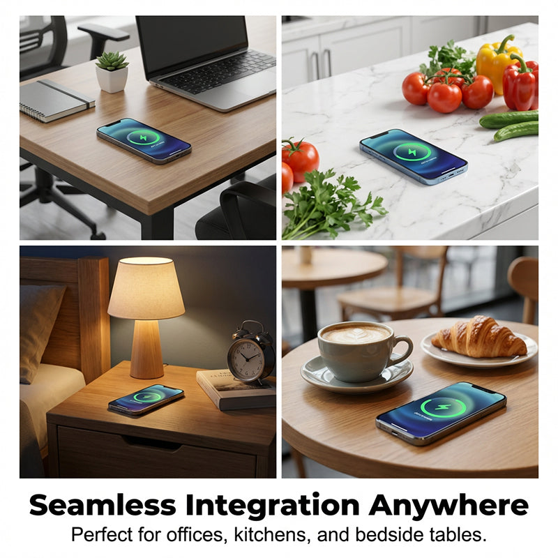 Quatre scènes de téléphone en charge sur un bureau, un plan de travail de cuisine en marbre, une table de chevet et une table de café. 7