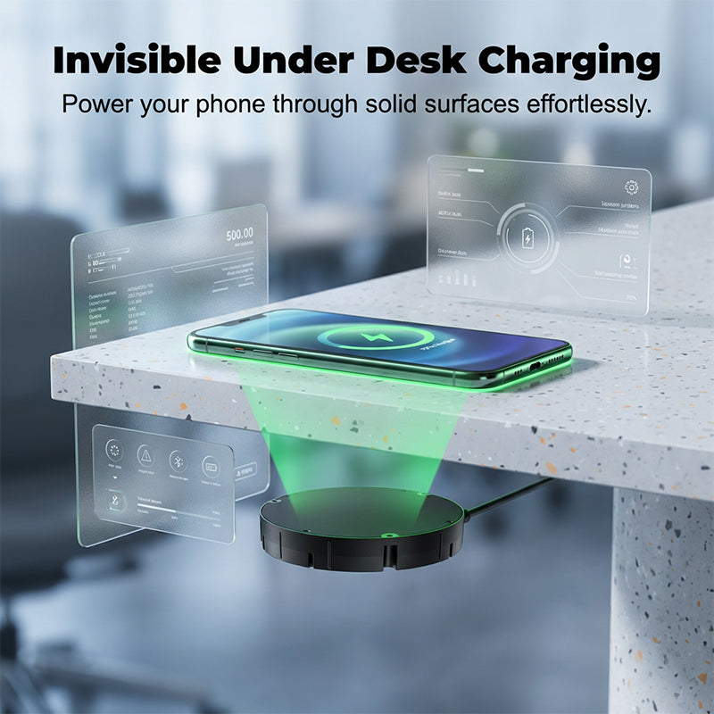 Chargeur noir rond fixé sous le plateau d'un bureau en pierre, un faisceau vert rechargeant un téléphone posé dessus. 1