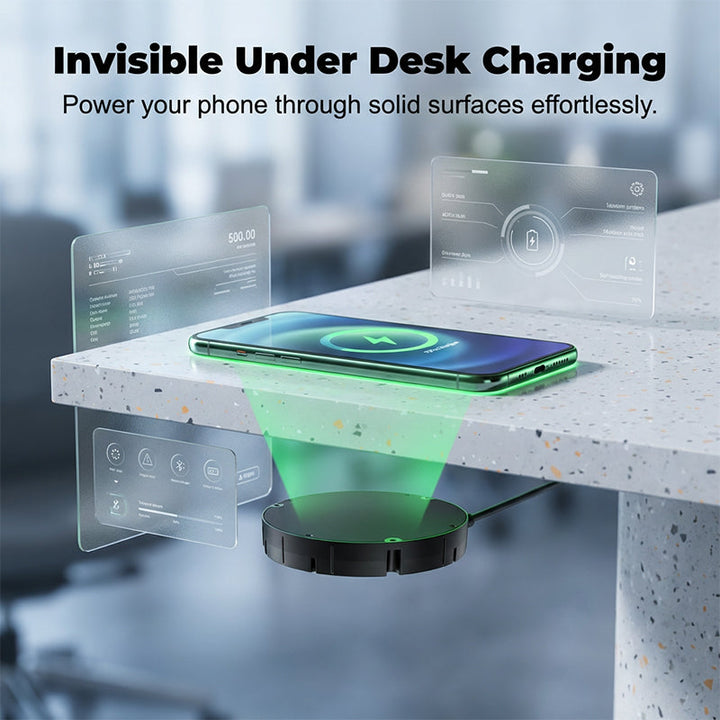 Chargeur noir rond fixé sous le plateau d'un bureau en pierre, un faisceau vert rechargeant un téléphone posé dessus. 1