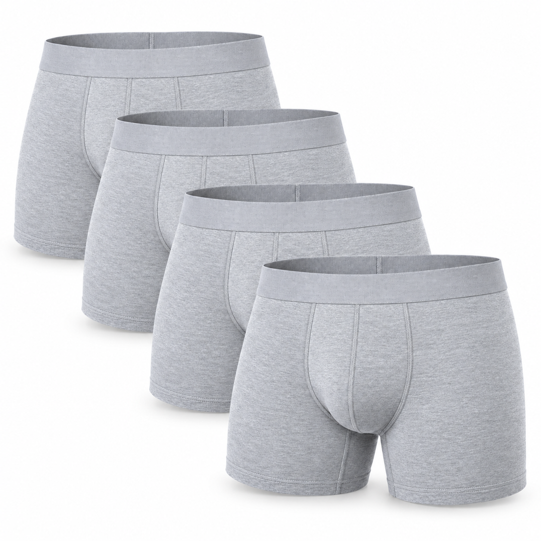 Lot de quatre boxers gris chiné empilés en décalé, ceinture élastique et coutures de face bien visibles. 6