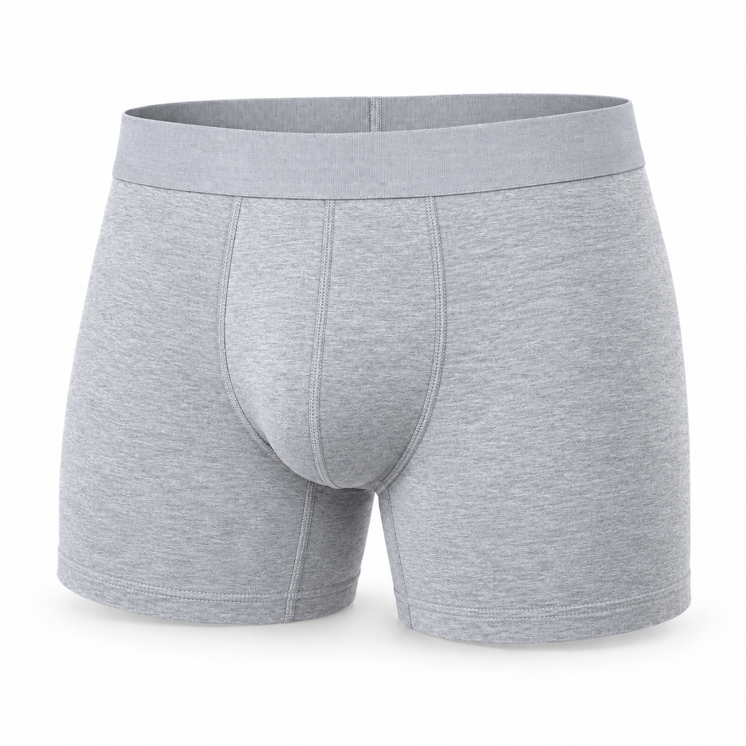 Boxer gris chiné seul, vue de face, avec ceinture élastique assortie et coutures apparentes. 7