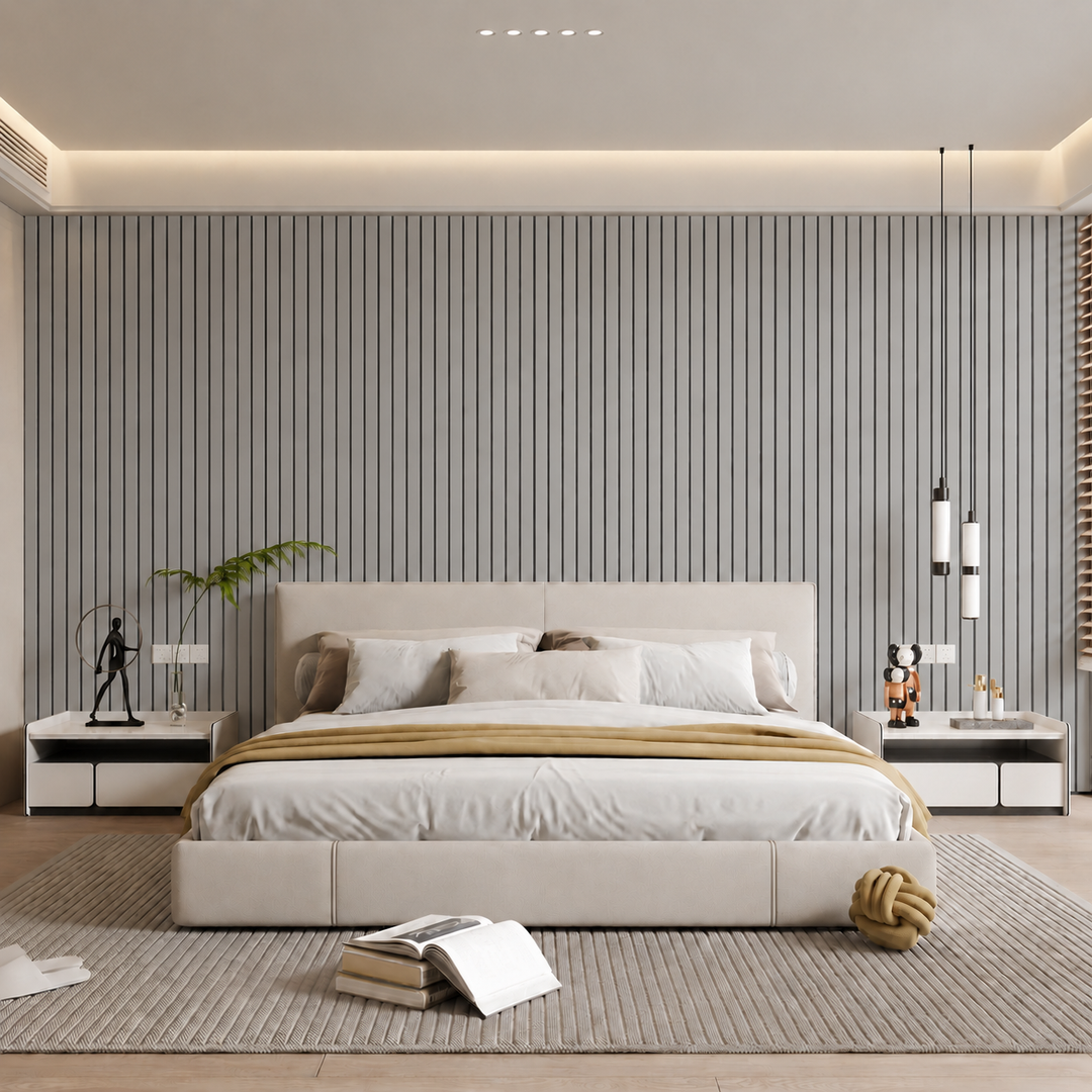 Chambre moderne avec mur de tête de lit en lattes grises et rainures sombres 14