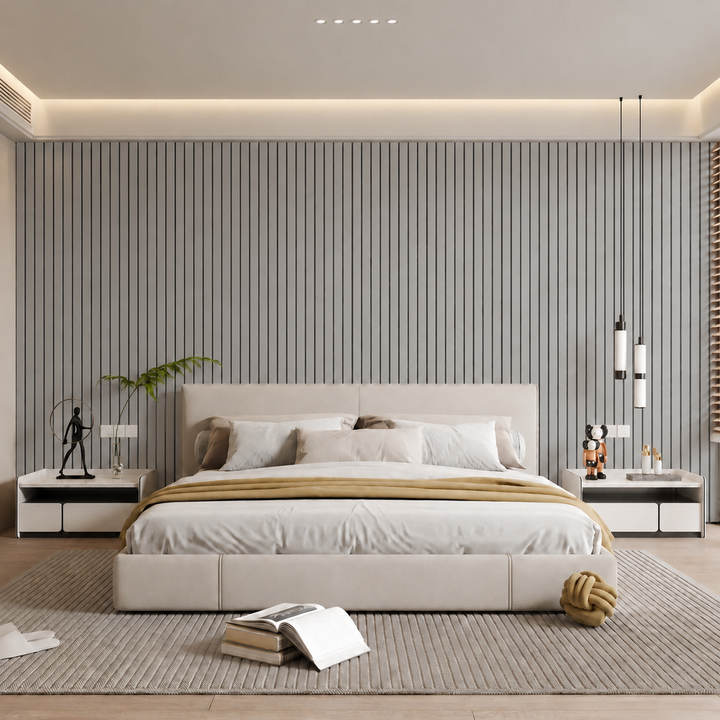 Chambre moderne avec mur de tête de lit en lattes grises et rainures sombres 14