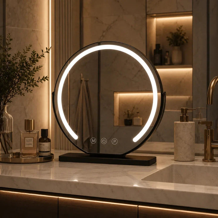 Miroir rond à cadre noir allumé sur un plan de salle de bain, avec trois touches visibles 2