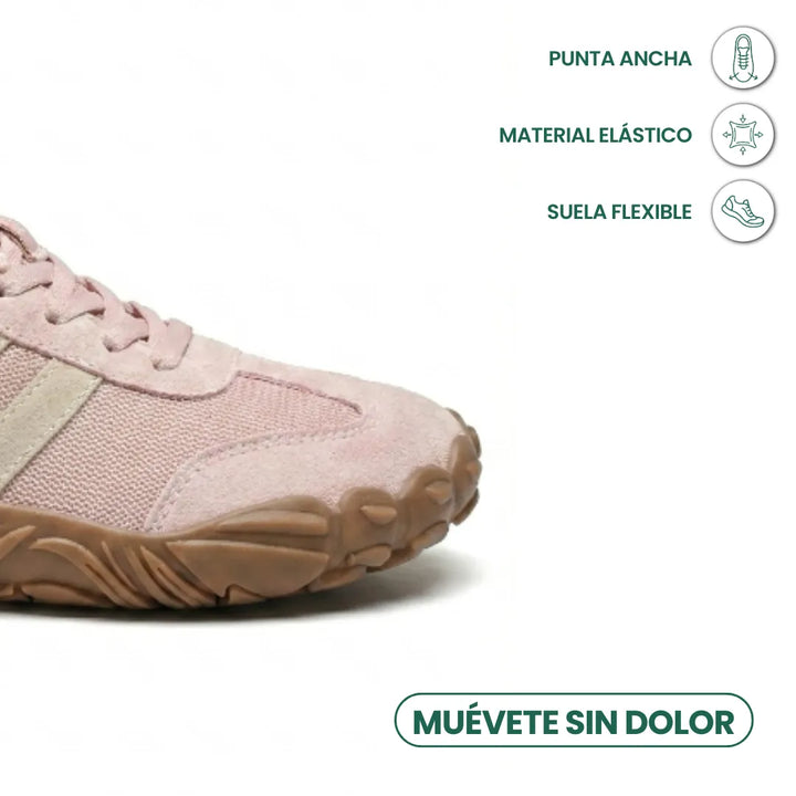 Gros plan sur la pointe large de la chaussure rose, avec pictogrammes sur la souplesse de la matière et de la semelle. 14