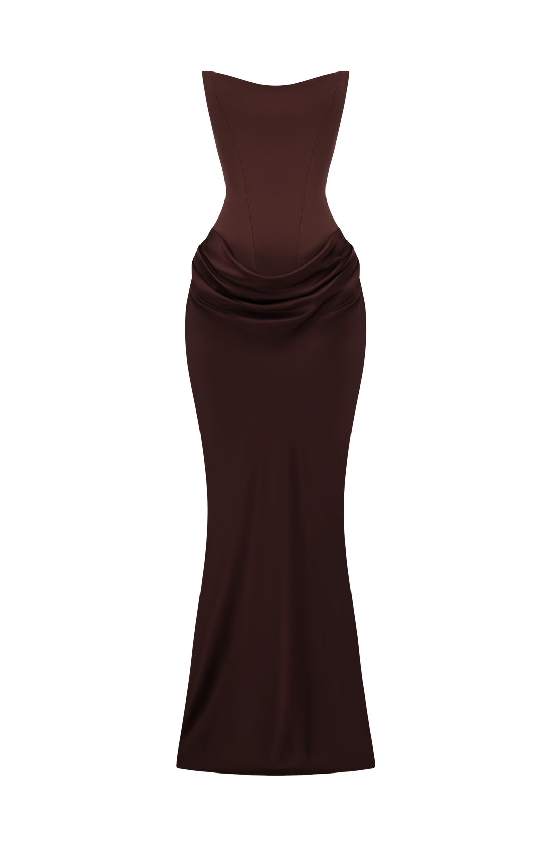 Robe marron présentée à plat sur fond blanc, corset et jupe drapée en satin 10