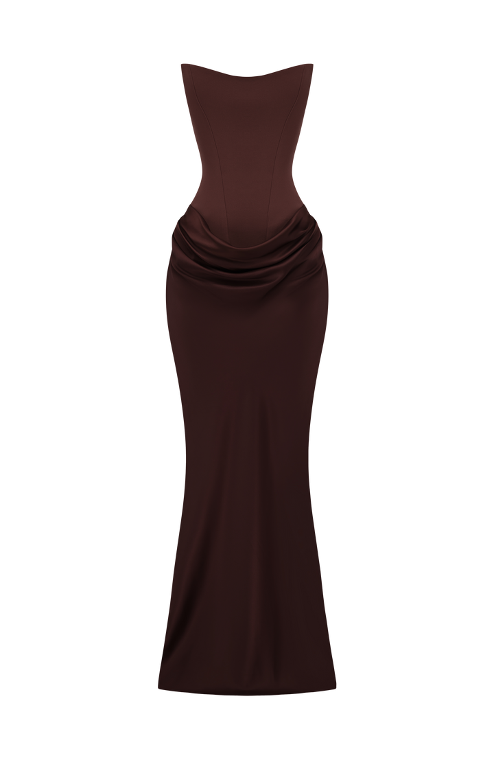 Robe marron présentée à plat sur fond blanc, corset et jupe drapée en satin 10