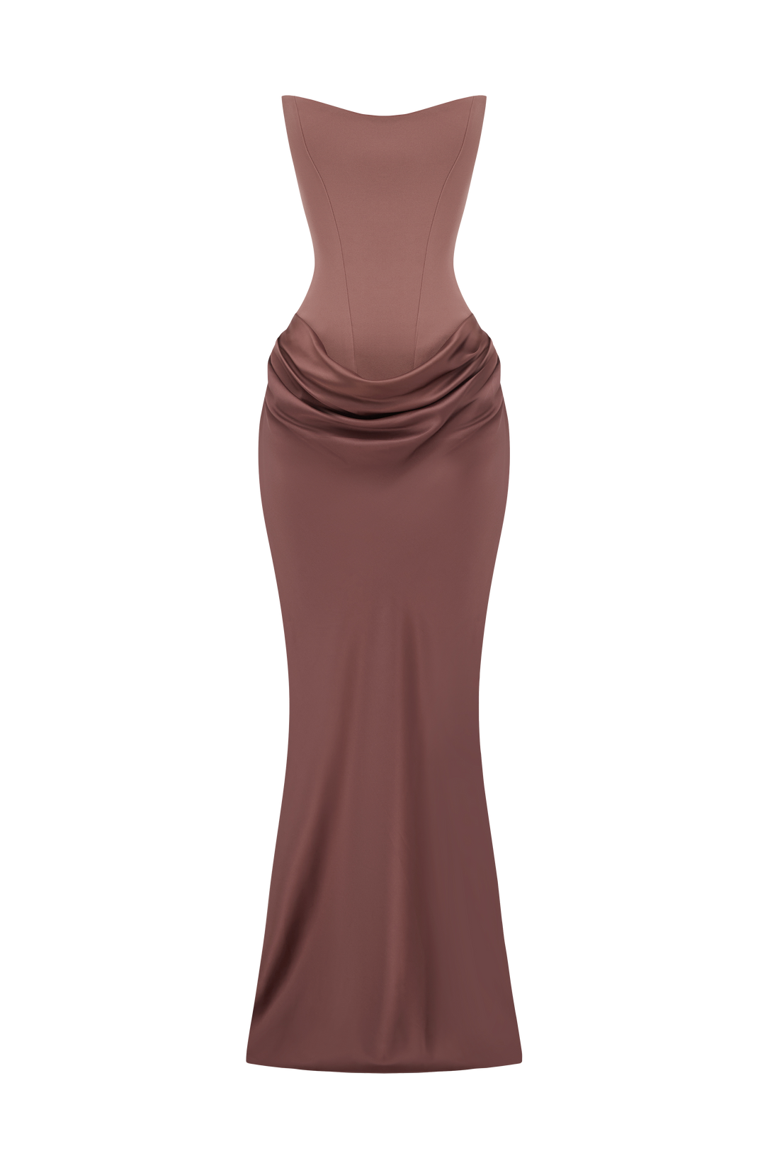 Robe longue bustier couleur chocolat, vue de face sur fond blanc, avec jupe en satin drapée 41