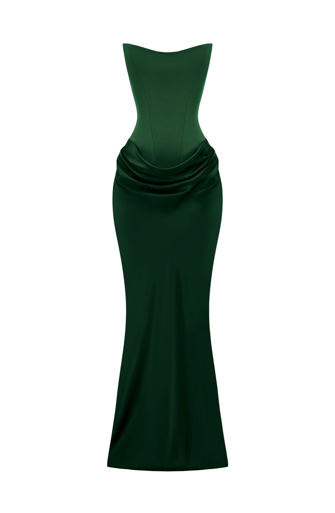Robe maxi verte présentée à plat sur fond blanc, bustier et jupe drapée 36