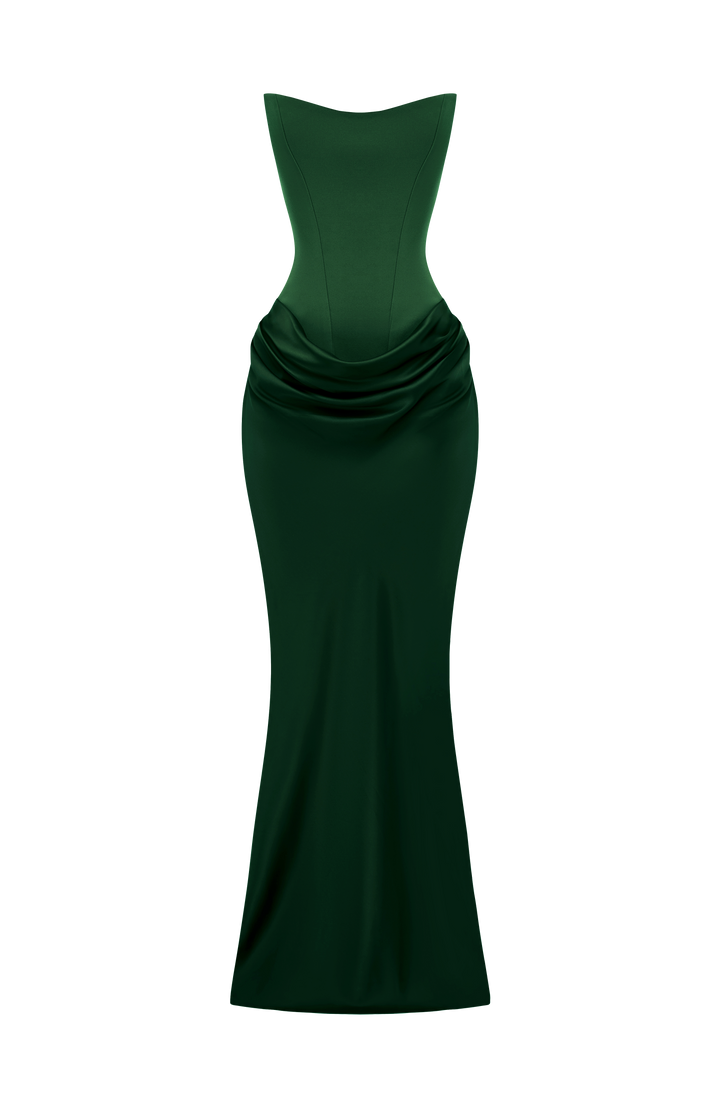 Robe maxi verte présentée à plat sur fond blanc, bustier et jupe drapée 36
