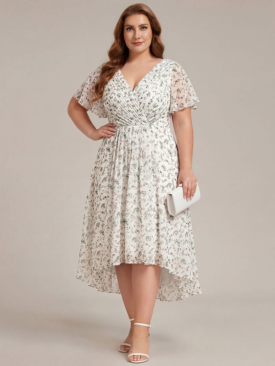 Robe de invitée de mariage en mousseline avec col en V et manches courtes 171