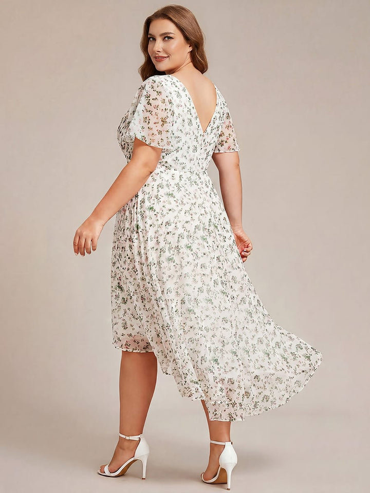 Robe de invitée de mariage en mousseline avec col en V et manches courtes 172