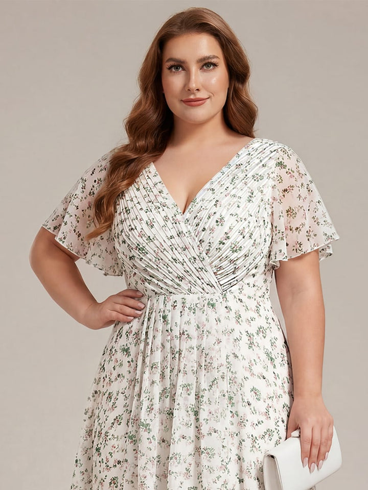 Robe de invitée de mariage en mousseline avec col en V et manches courtes 173