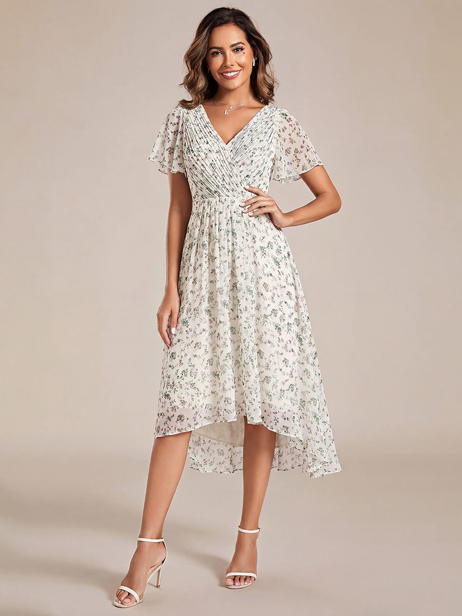Robe de invitée de mariage en mousseline avec col en V et manches courtes 168