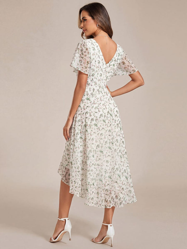 Robe de invitée de mariage en mousseline avec col en V et manches courtes 169