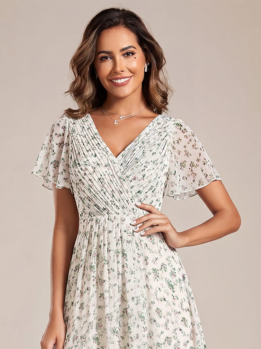 Robe de invitée de mariage en mousseline avec col en V et manches courtes 170