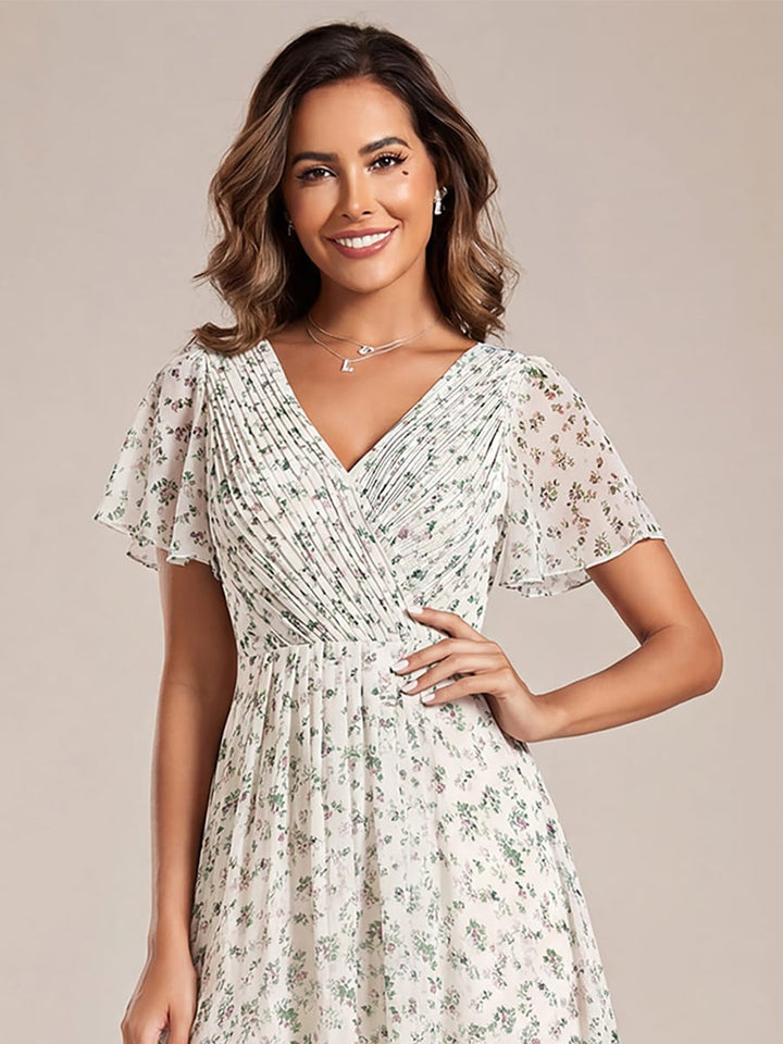 Robe de invitée de mariage en mousseline avec col en V et manches courtes 170