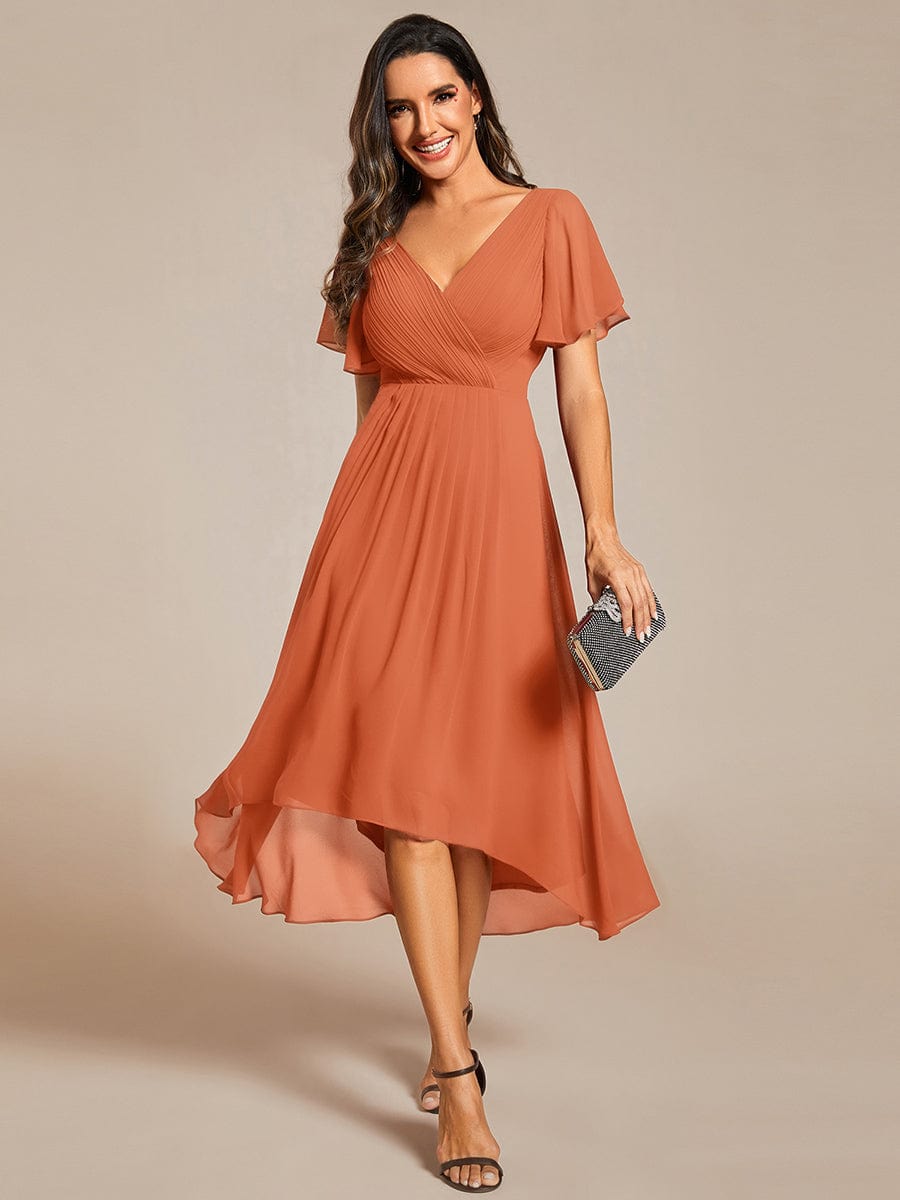 Robe de invitée de mariage en mousseline avec col en V et manches courtes 162