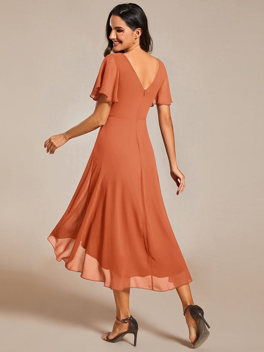 Robe de invitée de mariage en mousseline avec col en V et manches courtes 163