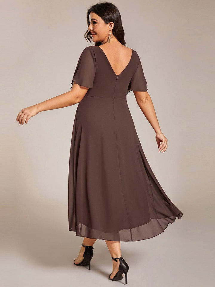 Robe de invitée de mariage en mousseline avec col en V et manches courtes 160