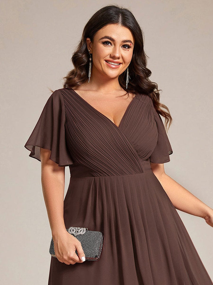 Robe de invitée de mariage en mousseline avec col en V et manches courtes 161