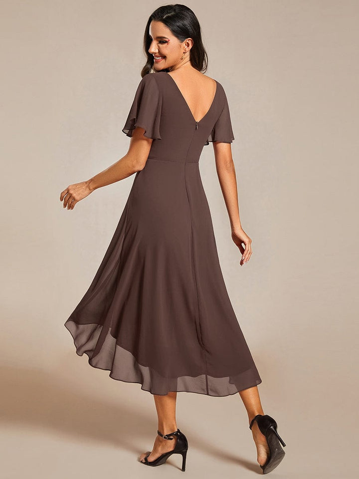 Robe de invitée de mariage en mousseline avec col en V et manches courtes 157