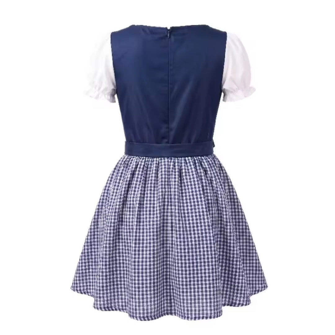 Dos de la robe bleu marine avec fermeture zippée, ceinture nouée et jupe évasée à petits carreaux bleus et blancs. 6