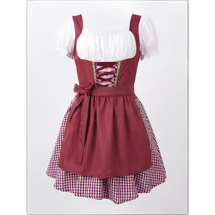 Robe dirndl bordeaux de face sur fond clair, avec blouse blanche, lacet croisé au buste, tablier noué et jupe à carreaux. 1