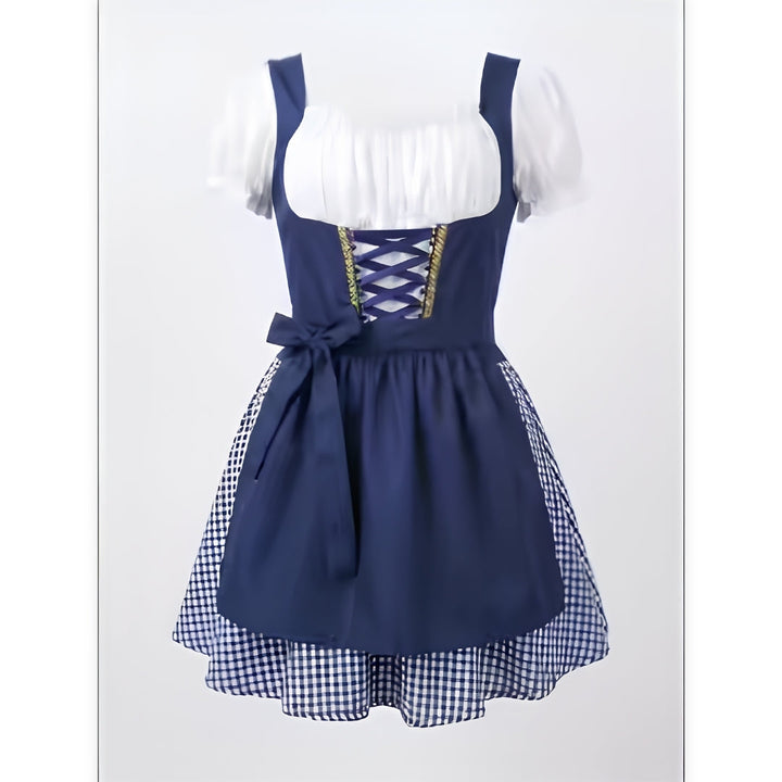 Version bleu marine de la robe, vue de face à plat, avec manches bouffantes blanches, lacet décoratif et tablier noué sur jupe à carreaux. 2