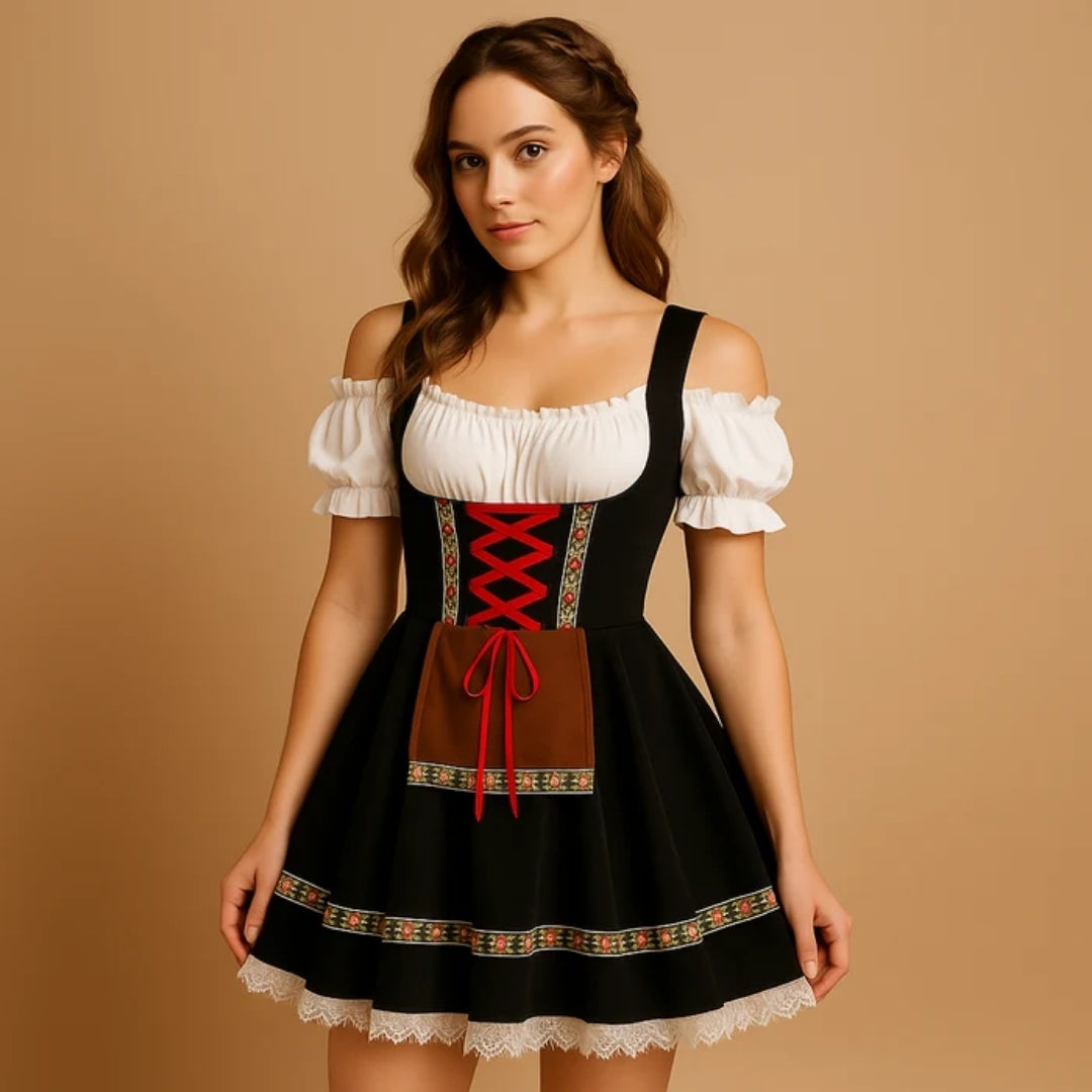 Mannequin aux cheveux tressés en dirndl noir à épaules dénudées, lacet rouge, tablier marron, galons fleuris et dentelle blanche. 7