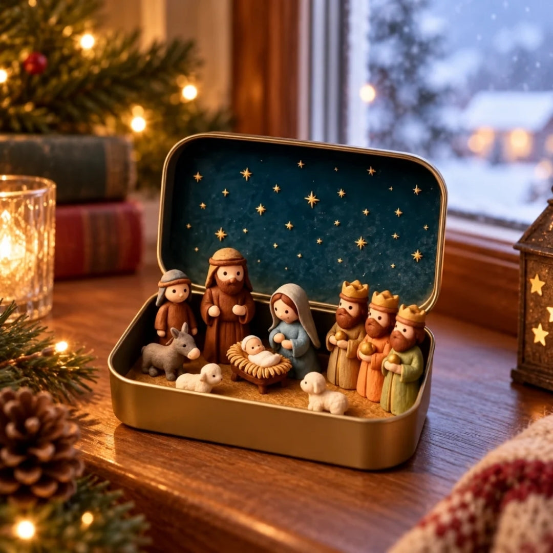 Crèche miniature dans sa boîte dorée sur un rebord de fenêtre, avec guirlandes lumineuses, pomme de pin et neige derrière la vitre. 3