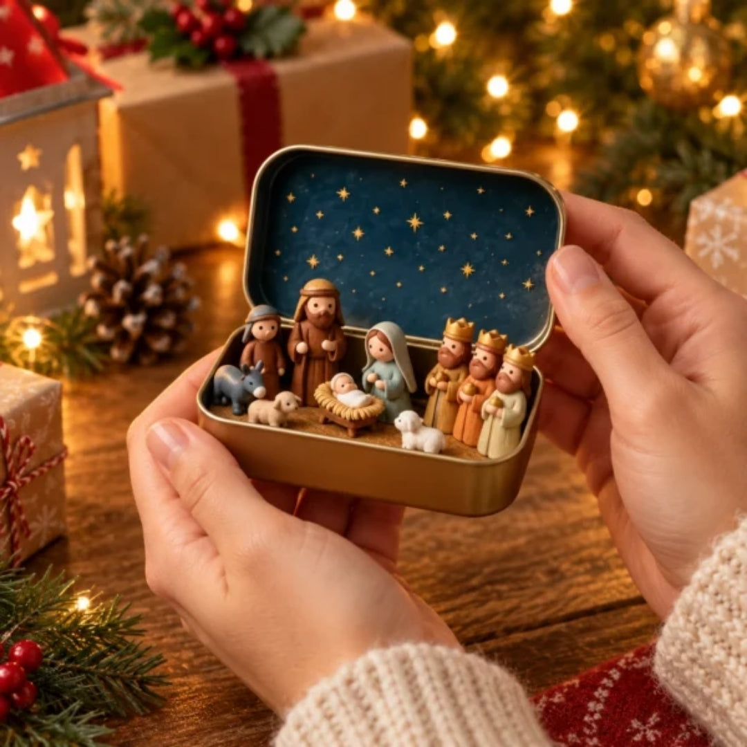 Deux mains tiennent la boîte dorée ouverte, révélant les figurines de la crèche devant un couvercle bleu étoilé, parmi des décorations de Noël. 1