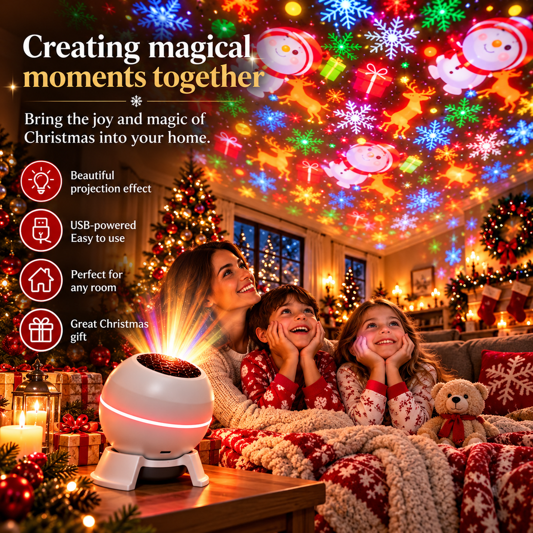 Une mère et deux enfants en pyjama de Noël, allongés sous un plaid, regardent les motifs festifs projetés au plafond par le petit projecteur blanc. 2