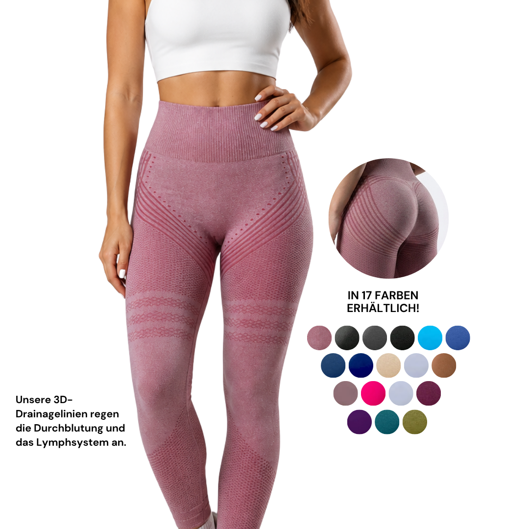 Legging rose taille haute vu de face avec lignes de drainage texturées, gros plan sur l'arrière et palette de coloris en visuel. 1