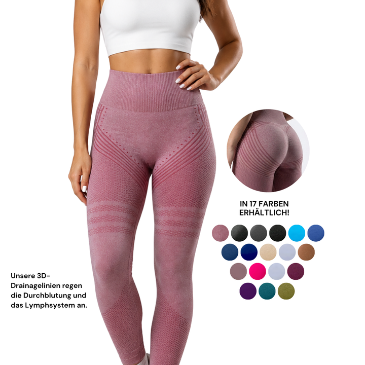 Legging rose taille haute vu de face avec lignes de drainage texturées, gros plan sur l'arrière et palette de coloris en visuel. 1