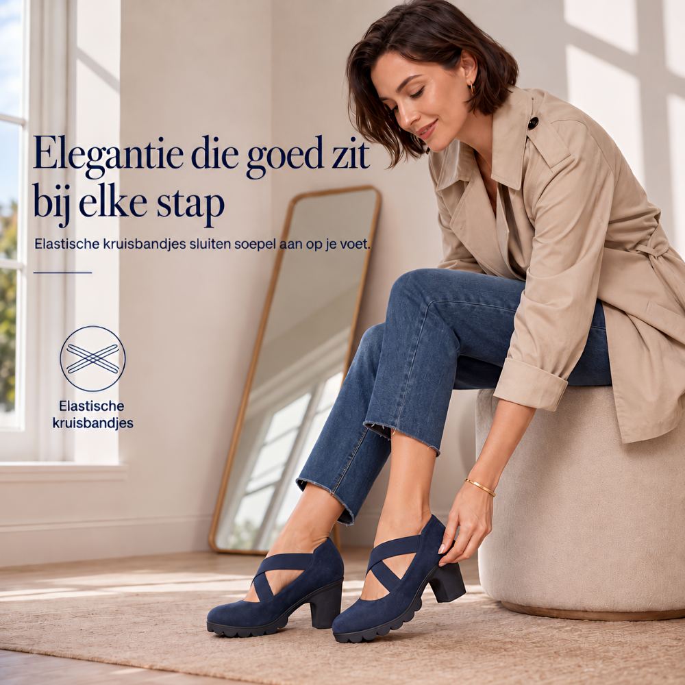 Femme assise sur un pouf ajustant sa chaussure bleu marine à brides croisées, dans un intérieur lumineux avec miroir. 4