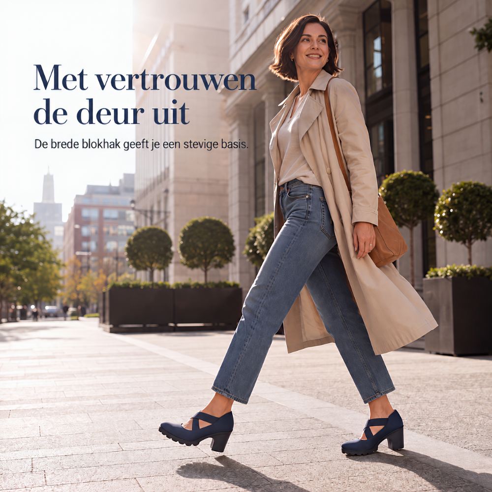 Femme souriante en trench beige et jean marchant en ville, chaussée des escarpins bleu marine à talon bloc. 3
