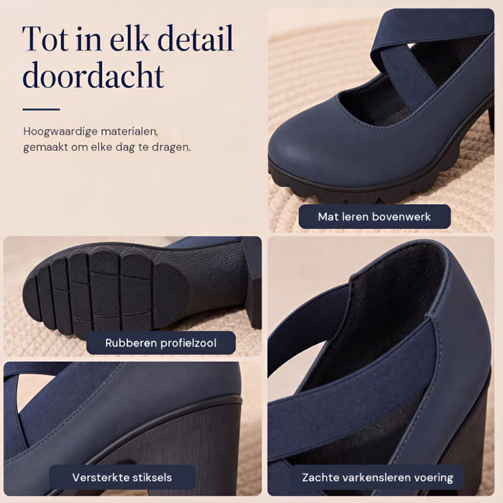 Montage de quatre détails de la chaussure bleu marine : bout arrondi, semelle crantée, talon renforcé et doublure intérieure souple. 5