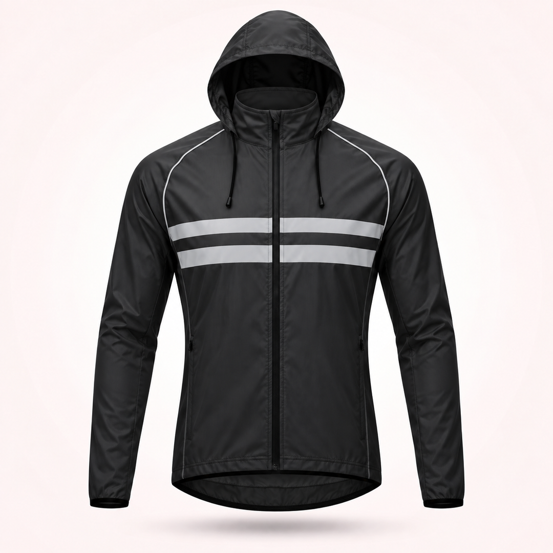 Veste noire à capuche avec cordons de serrage, vue de face, deux bandes réfléchissantes blanches et poches zippées. 17