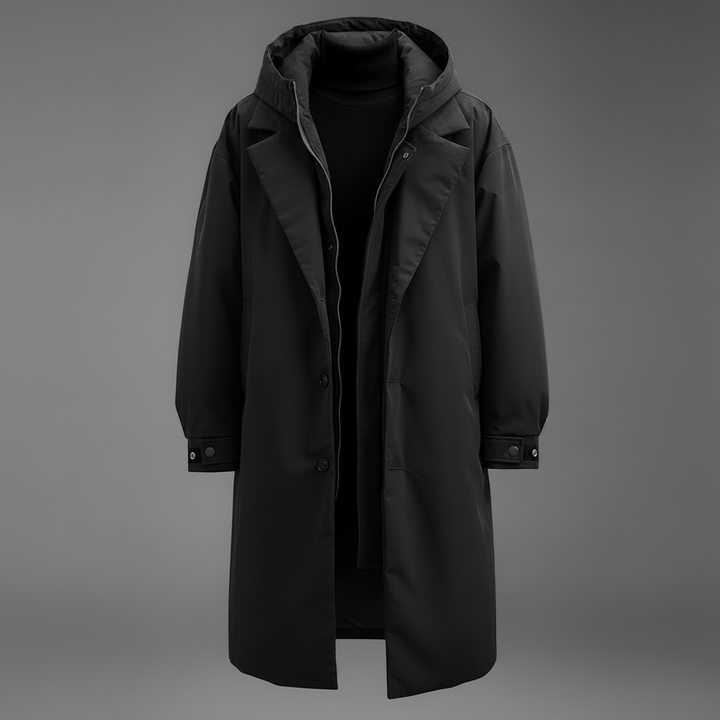 Même manteau long à capuche en version noire, ouvert sur un pull noir, présenté seul sur fond gris. 2