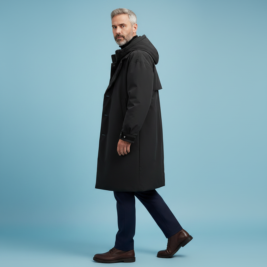 Homme aux cheveux gris vu de profil en manteau noir à capuche, avec pantalon bleu marine et chaussures marron. 6