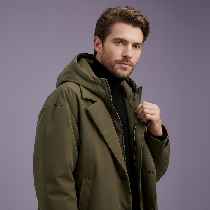Homme de trois quarts en manteau vert olive, capuche relevée, une main sur le col zippé, sur fond violet. 5