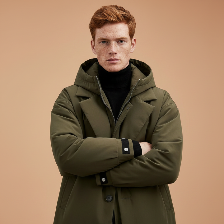 Gros plan sur un homme roux aux bras croisés en manteau vert olive, avec détail des poignets à boutons. 4