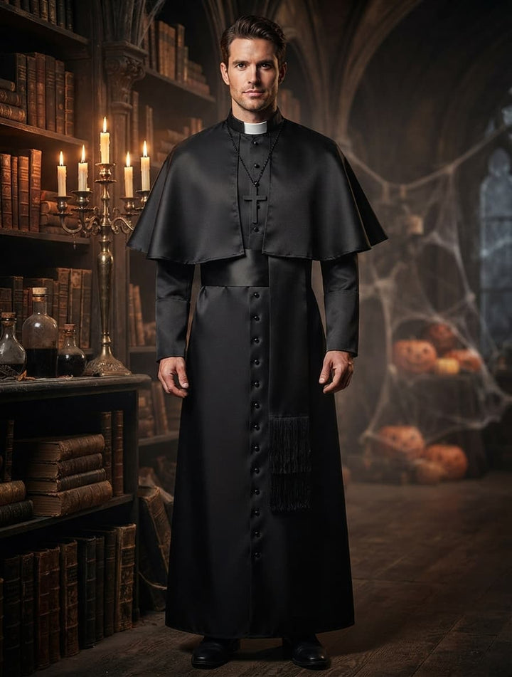 Homme en robe noire boutonnée, cape et croix, debout dans une bibliothèque aux chandelles et citrouilles 1